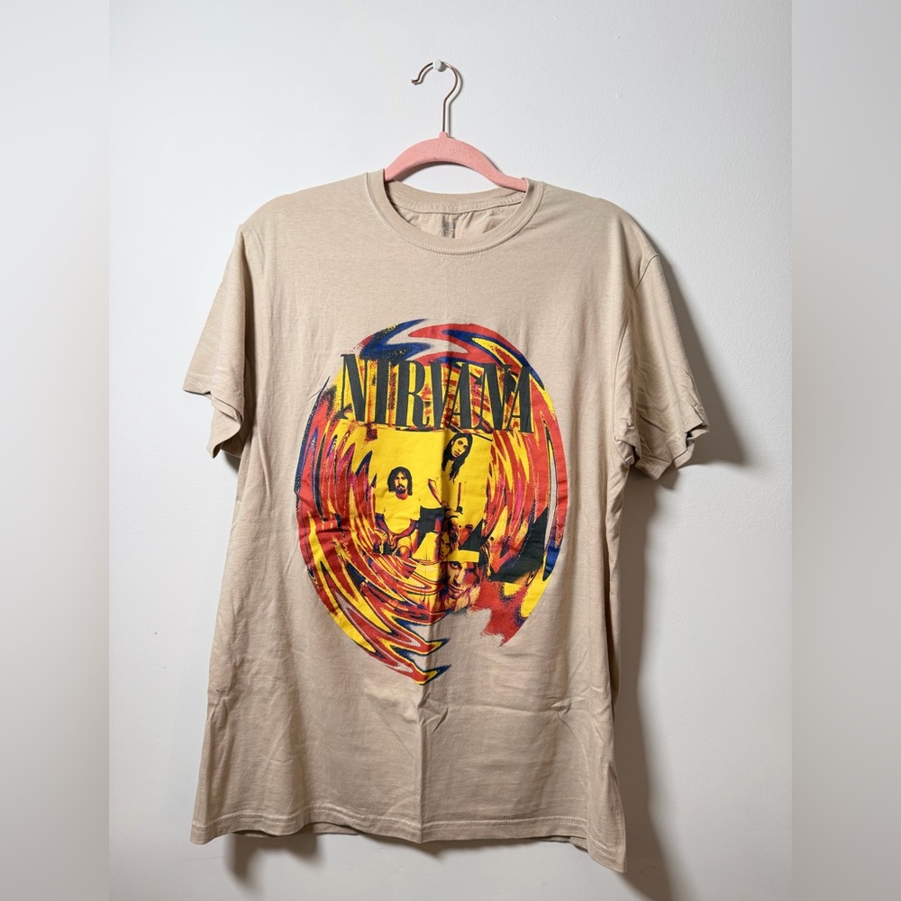 🍄| NIRVANA Beige Short Sleeve Band Tee with Multicolor Swirl